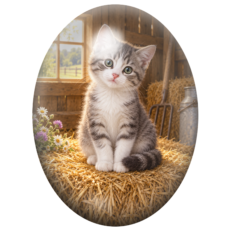 Cabochon en Verre Illustré Chaton Tigré dans une Grange 13x18, 18x25 ou 30x40mm