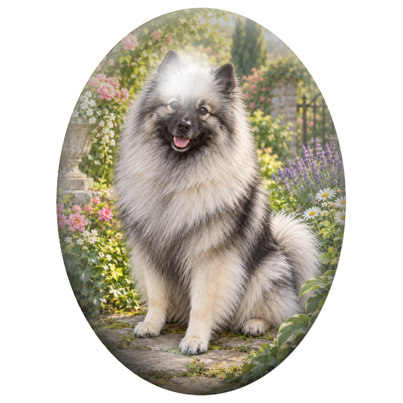 Cabochon en Verre Illustré Spitz-Loup dans un Jardin Fleuri 13x18, 18x25 ou 30x40mm