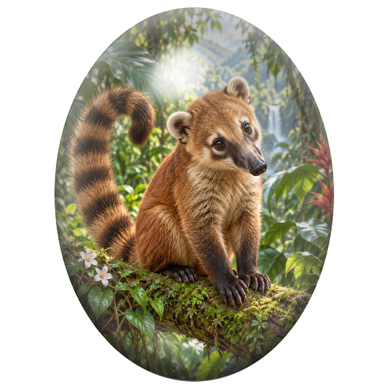 Cabochon en Verre Illustré Coati sur une Branche Tropicale 13x18, 18x25 ou 30x40mm