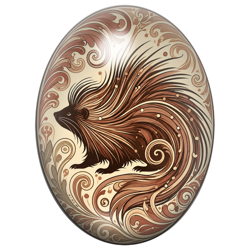 Cabochon en Verre Illustré Porc-Épic aux Volutes Brunes 13x18, 18x25 ou 30x40mm