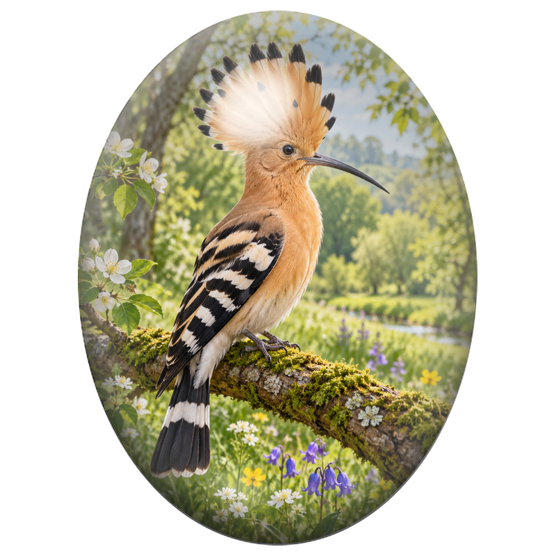 Cabochon en Verre Illustré Huppe Fasciée sur une Branche Fleurie 13x18, 18x25 ou 30x40mm