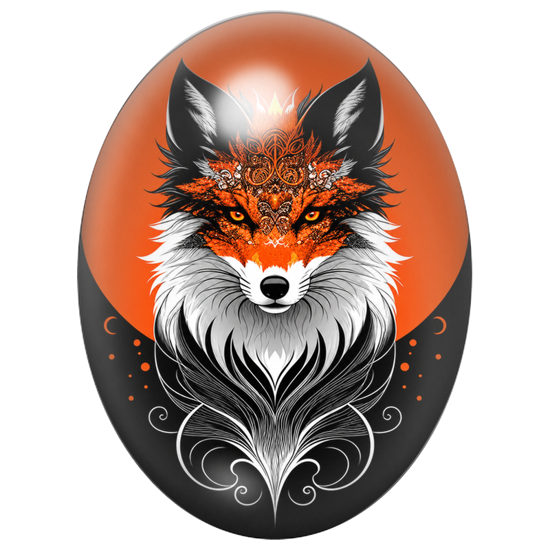 Cabochon en Verre Illustré Renard Ornemental Orange et Noir 13x18, 18x25 ou 30x40mm