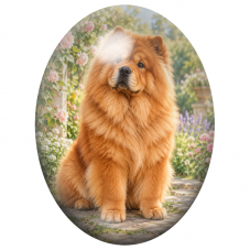 Cabochon en Verre Illustré Chow-Chow Roux dans une Roseraie 13x18, 18x25 ou 30x40mm pour la Création de Bijoux Fantaisie - DIY