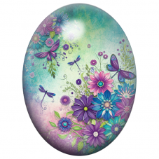 Cabochon en Verre Illustré Libellules dans un Jardin Turquoise et Violet 13x18, 18x25 ou 30x40mm pour la Création de Bijoux Fant