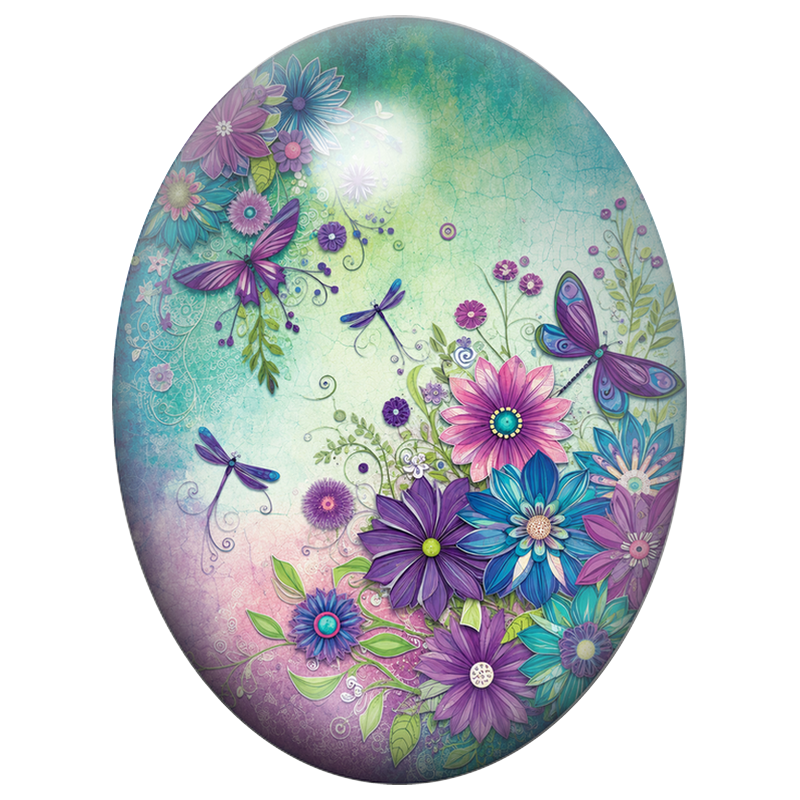 Cabochon en Verre Illustré Libellules dans un Jardin Turquoise et Violet 13x18, 18x25 ou 30x40mm