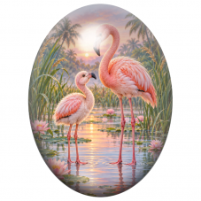 Cabochon en Verre Illustré Flamant Rose et son Petit au Crépuscule 13x18, 18x25 ou 30x40mm pour la Création de Bijoux Fantaisie 