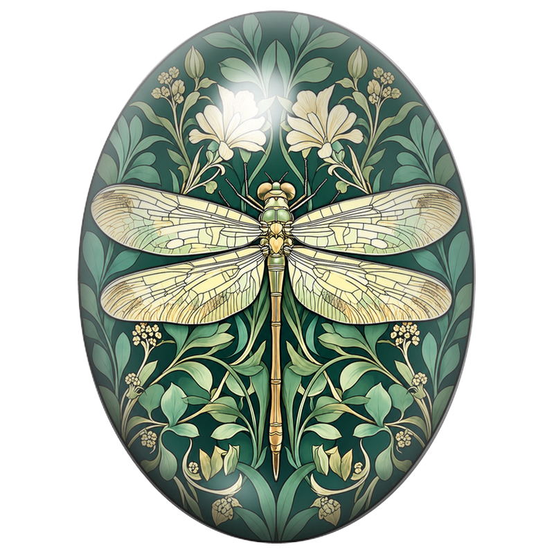 Cabochon en Verre Illustré Libellule Art Nouveau aux Fleurs Ivoire 13x18, 18x25 ou 30x40mm