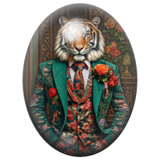 Cabochon en Verre Illustré Tigre Gentleman au Costume Fleuri Vert 13x18, 18x25 ou 30x40mm pour la Création de Bijoux Fantaisie -