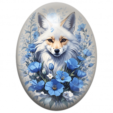 Cabochon en Verre Illustré Renard Blanc aux Fleurs Bleues 13x18, 18x25 ou 30x40mm pour la Création de Bijoux Fantaisie - DIY