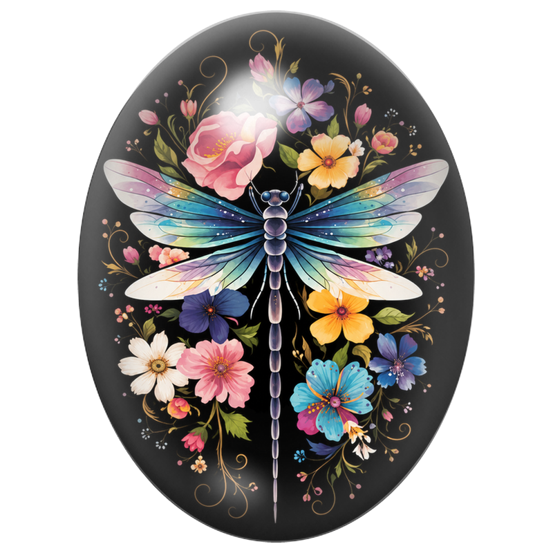 Cabochon en Verre Illustré Libellule Irisée au Jardin Multicolore 13x18, 18x25 ou 30x40mm