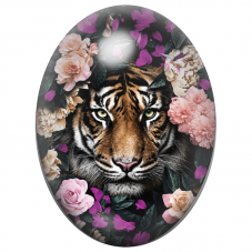 Cabochon en Verre Illustré Tigre parmi les Roses et Bougainvilliers 13x18, 18x25 ou 30x40mm pour la Création de Bijoux Fantaisie
