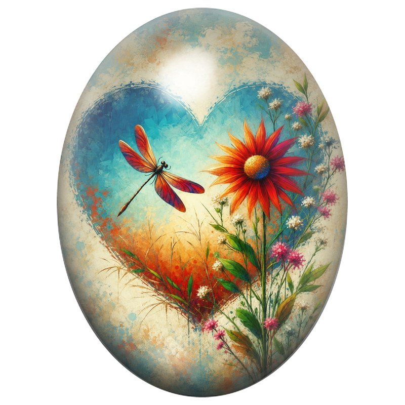 Cabochon en Verre Illustré Libellule Rouge dans un Cœur Turquoise 13x18, 18x25 ou 30x40mm