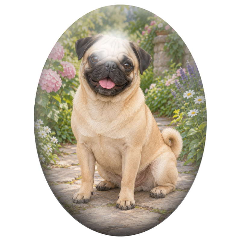Cabochon en Verre Illustré Carlin Souriant dans le Jardin 13x18, 18x25 ou 30x40mm