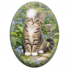 Cabochon en Verre Illustré Chaton Tigré parmi les Fleurs Bleues 13x18, 18x25 ou 30x40mm pour la Création de Bijoux Fantaisie - D
