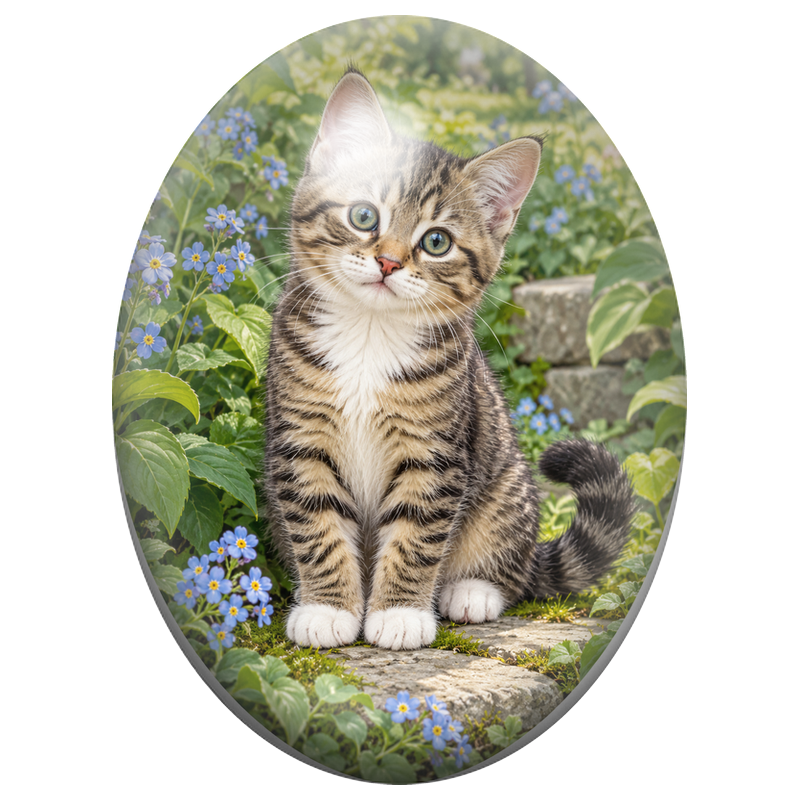 Cabochon en Verre Illustré Chaton Tigré parmi les Fleurs Bleues 13x18, 18x25 ou 30x40mm