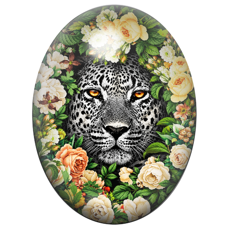 Cabochon en Verre Illustré Léopard Noir et Blanc aux Roses Dorées 13x18, 18x25 ou 30x40mm
