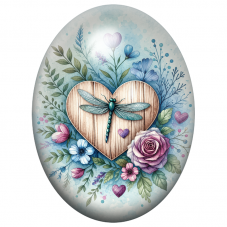 Cabochon en Verre Illustré Libellule sur un Cœur en Bois Fleuri 13x18, 18x25 ou 30x40mm pour la Création de Bijoux Fantaisie - D