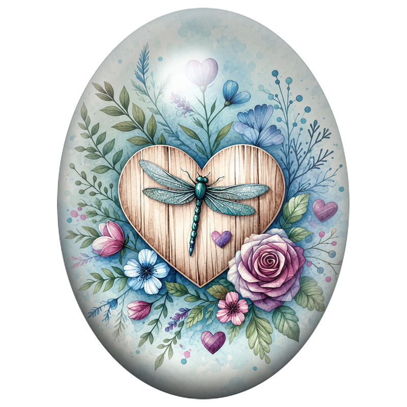 Cabochon en Verre Illustré Libellule sur un Cœur en Bois Fleuri 13x18, 18x25 ou 30x40mm