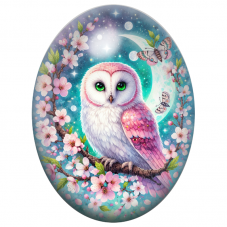 Cabochon en Verre Illustré Chouette Rose sous le Croissant de Lune 13x18, 18x25 ou 30x40mm pour la Création de Bijoux Fantaisie 