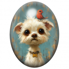 Cabochon en Verre Illustré Petit Chien Blanc et Oiseau Rouge 13x18, 18x25 ou 30x40mm pour la Création de Bijoux Fantaisie - DIY