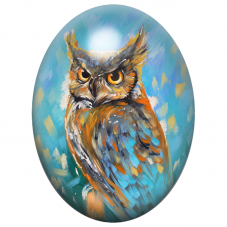 Cabochon en Verre Illustré Hibou Expressionniste Bleu et Orange 13x18, 18x25 ou 30x40mm pour la Création de Bijoux Fantaisie - D
