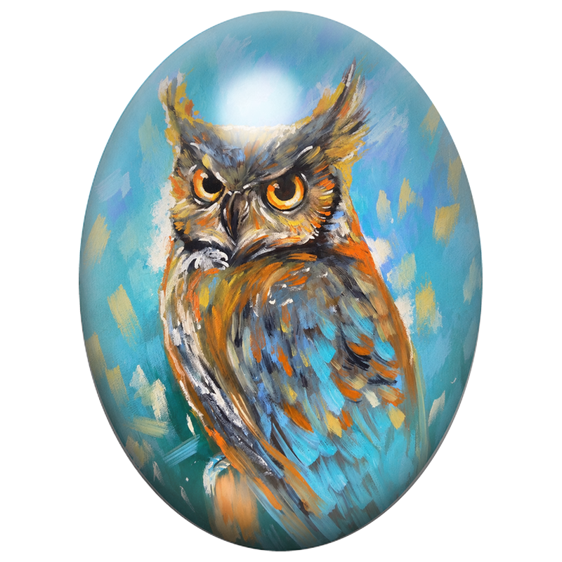 Cabochon en Verre Illustré Hibou Expressionniste Bleu et Orange 13x18, 18x25 ou 30x40mm
