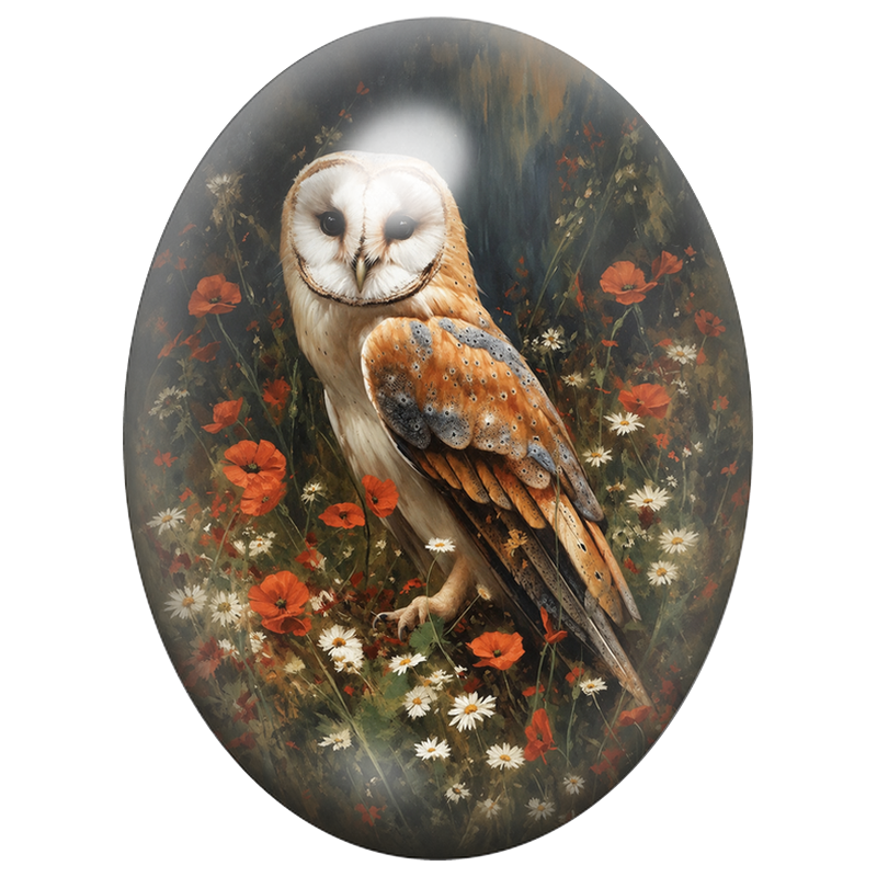 Cabochon en Verre Illustré Chouette Effraie dans un Champ de Coquelicots 13x18, 18x25 ou 30x40mm