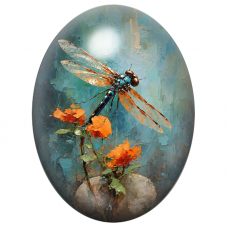 Cabochon en Verre Illustré Libellule aux Fleurs Orange en Peinture 13x18, 18x25 ou 30x40mm pour la Création de Bijoux Fantaisie 