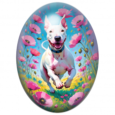 Cabochon en Verre Illustré Bull Terrier Blanc dans les Coquelicots Roses 13x18, 18x25 ou 30x40mm pour la Création de Bijoux Fant