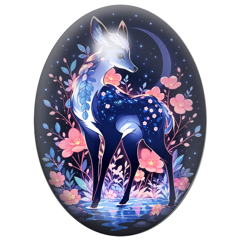 Cabochon en Verre Illustré Gazelle Céleste aux Fleurs Roses 13x18, 18x25 ou 30x40mm