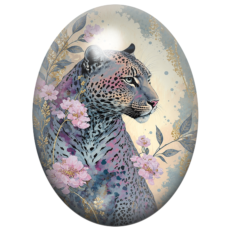Cabochon en Verre Illustré Léopard Aquarelle aux Fleurs de Cerisier 13x18, 18x25 ou 30x40mm