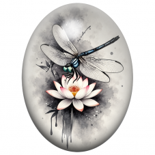 Cabochon en Verre Illustré Libellule à l’Encre sur Fleur de Lotus 13x18, 18x25 ou 30x40mm pour la Création de Bijoux Fantaisie -