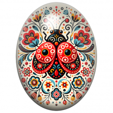 Cabochon en Verre Illustré Coccinelle Folk aux Fleurs Rouges 13x18, 18x25 ou 30x40mm pour la Création de Bijoux Fantaisie - DIY