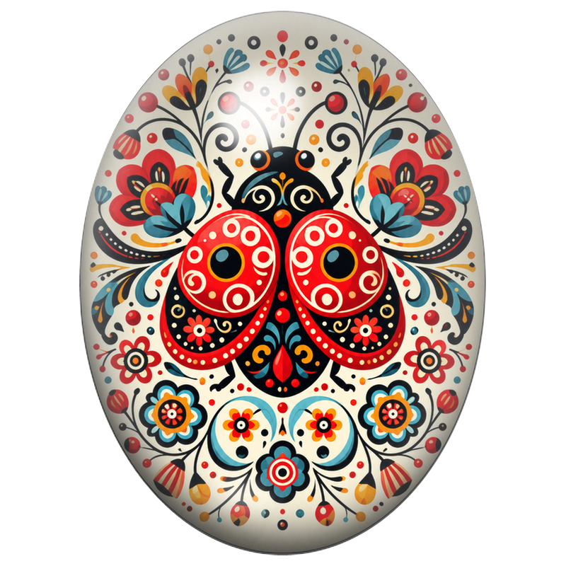 Cabochon en Verre Illustré Coccinelle Folk aux Fleurs Rouges 13x18, 18x25 ou 30x40mm