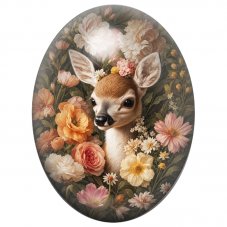 Cabochon en Verre Illustré Faon dans un Jardin de Fleurs Poudrées 13x18, 18x25 ou 30x40mm pour la Création de Bijoux Fantaisie -