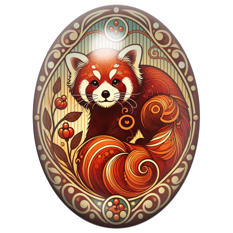 Cabochon en Verre Illustré Panda Roux aux Arabesques d’Automne 13x18, 18x25 ou 30x40mm