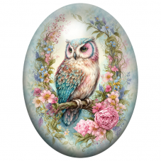 Cabochon en Verre Illustré Hibou Pastel dans une Couronne Fleurie 13x18, 18x25 ou 30x40mm pour la Création de Bijoux Fantaisie -