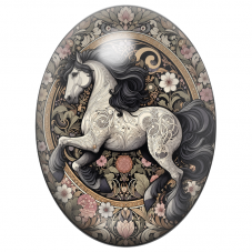 Cabochon en Verre Illustré Cheval Blanc Cabré aux Fleurs Anciennes 13x18, 18x25 ou 30x40mm pour la Création de Bijoux Fantaisie 