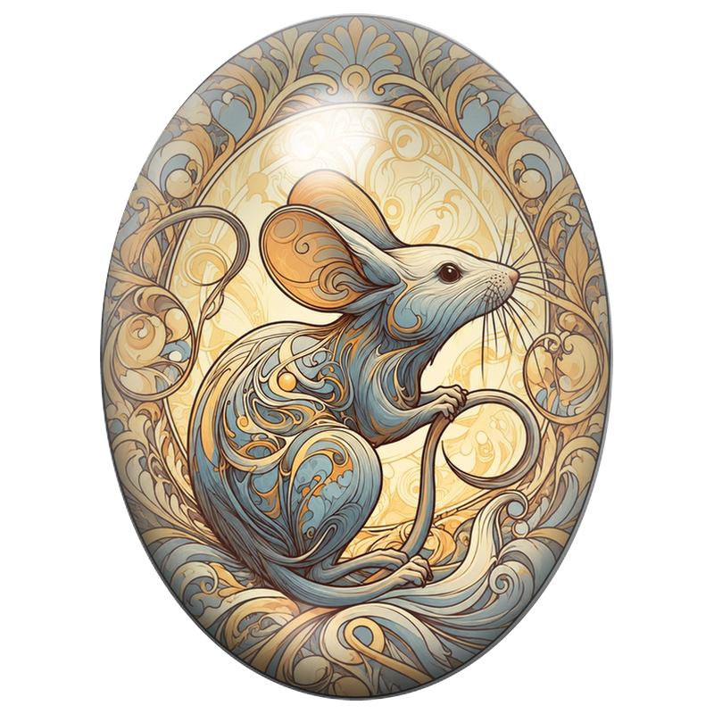 Cabochon en Verre Illustré Souris aux Arabesques Bleues et Dorées 13x18, 18x25 ou 30x40mm