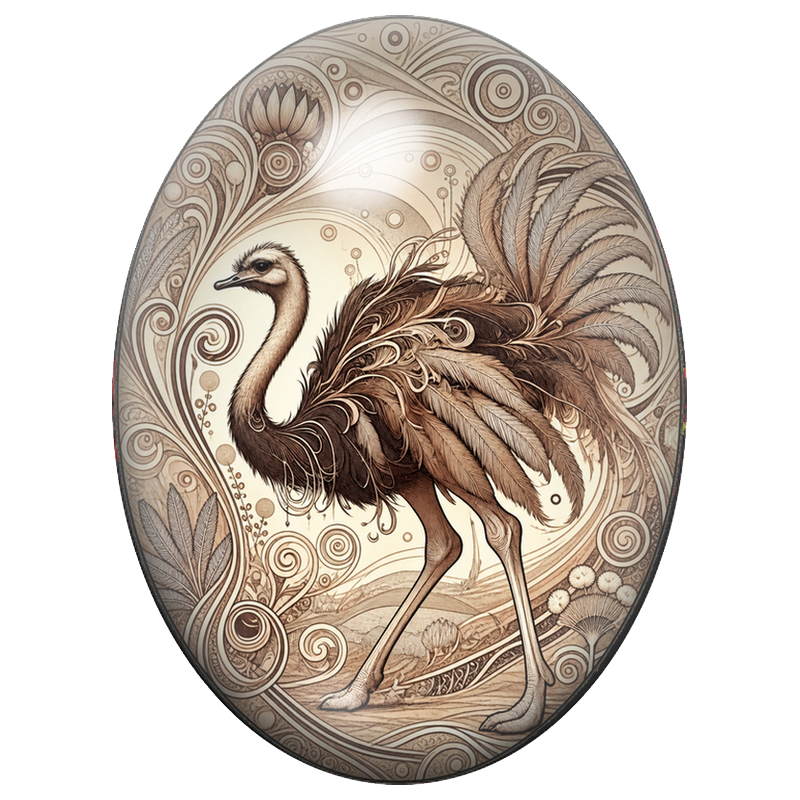 Cabochon en Verre Illustré Autruche aux Plumes Ornementales 13x18, 18x25 ou 30x40mm