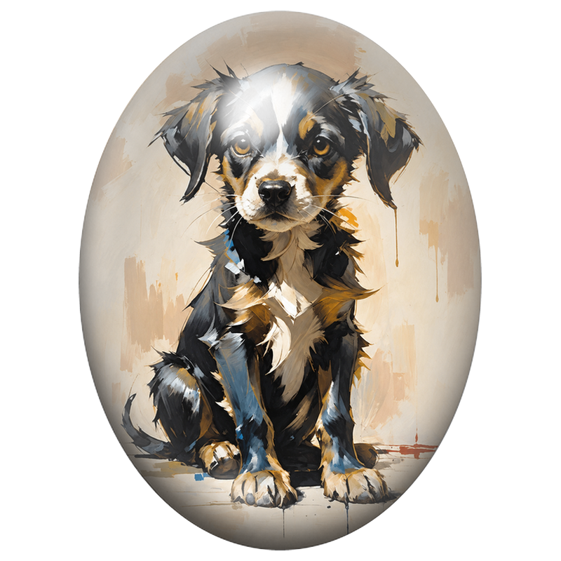 Cabochon en Verre Illustré Chiot Tricolore en Peinture Moderne 13x18, 18x25 ou 30x40mm