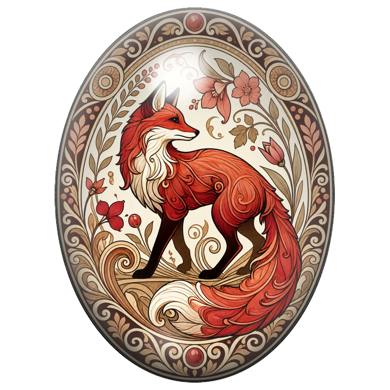 Cabochon en Verre Illustré Renard Art Nouveau aux Fleurs Rouges 13x18, 18x25 ou 30x40mm