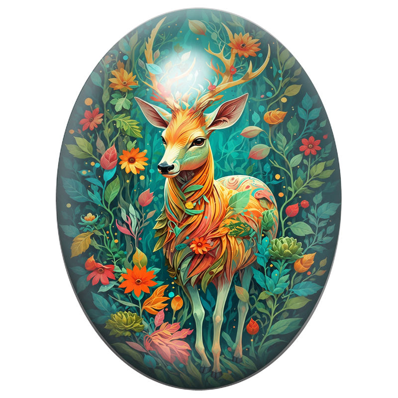 Cabochon en Verre Illustré Cerf Fleuri dans une Forêt Turquoise 13x18, 18x25 ou 30x40mm