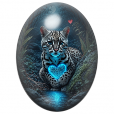 Cabochon en Verre Illustré Ocelot au Cœur Bleu Lumineux 13x18, 18x25 ou 30x40mm pour la Création de Bijoux Fantaisie - DIY