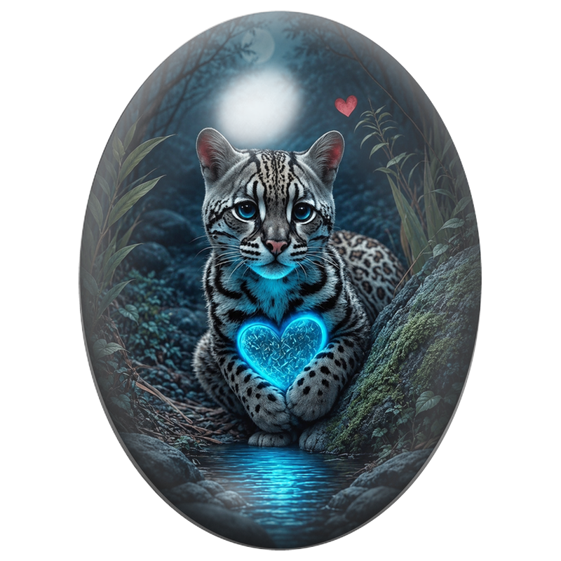 Cabochon en Verre Illustré Ocelot au Cœur Bleu Lumineux 13x18, 18x25 ou 30x40mm