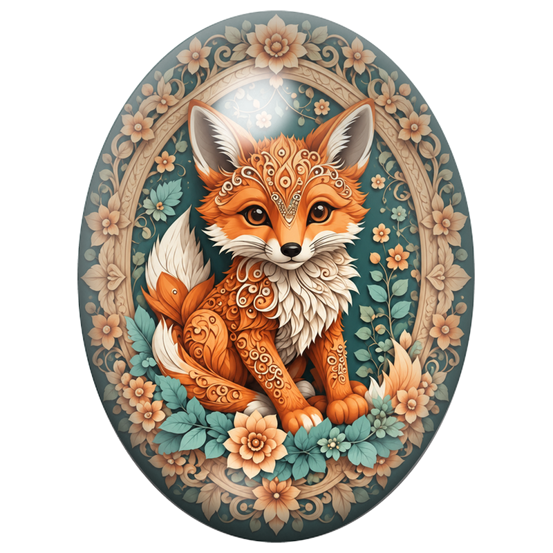 Cabochon en Verre Illustré Renard aux Ornements Fleuris Turquoise 13x18, 18x25 ou 30x40mm
