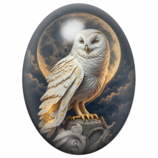 Cabochon en Verre Illustré Harfang Blanc devant la Pleine Lune 13x18, 18x25 ou 30x40mm pour la Création de Bijoux Fantaisie - DI