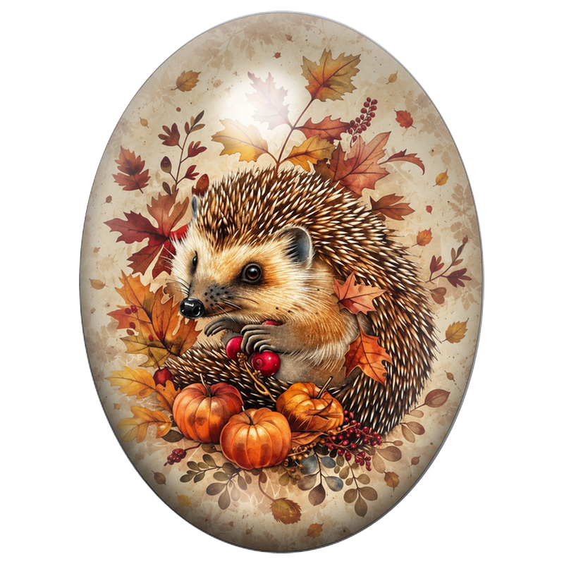 Cabochon en Verre Illustré Hérisson aux Pommes et Citrouilles d’Automne 13x18, 18x25 ou 30x40mm