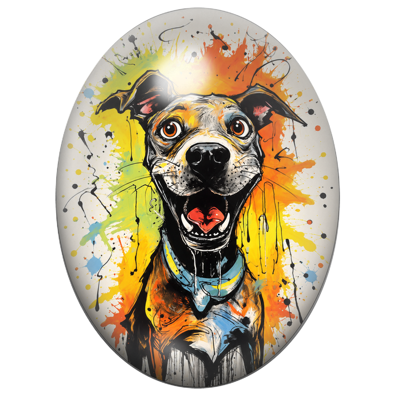 Cabochon en Verre Illustré Chien Joyeux aux Éclaboussures Colorées 13x18, 18x25 ou 30x40mm