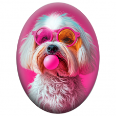 Cabochon en Verre Illustré Petit Chien aux Lunettes Roses et Chewing-Gum 13x18, 18x25 ou 30x40mm pour la Création de Bijoux Fant